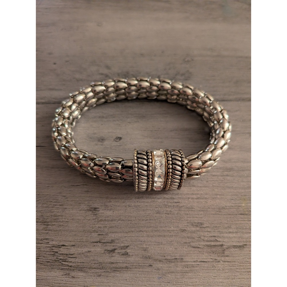 Vintage Silver Stretch Popcorn Chain Bracelet with Crystal Bead